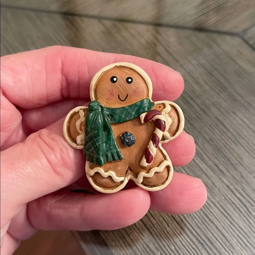 Vintage Festive Gingerbread Man Pin with Green Scarf & Candy Cane Christmas Pin